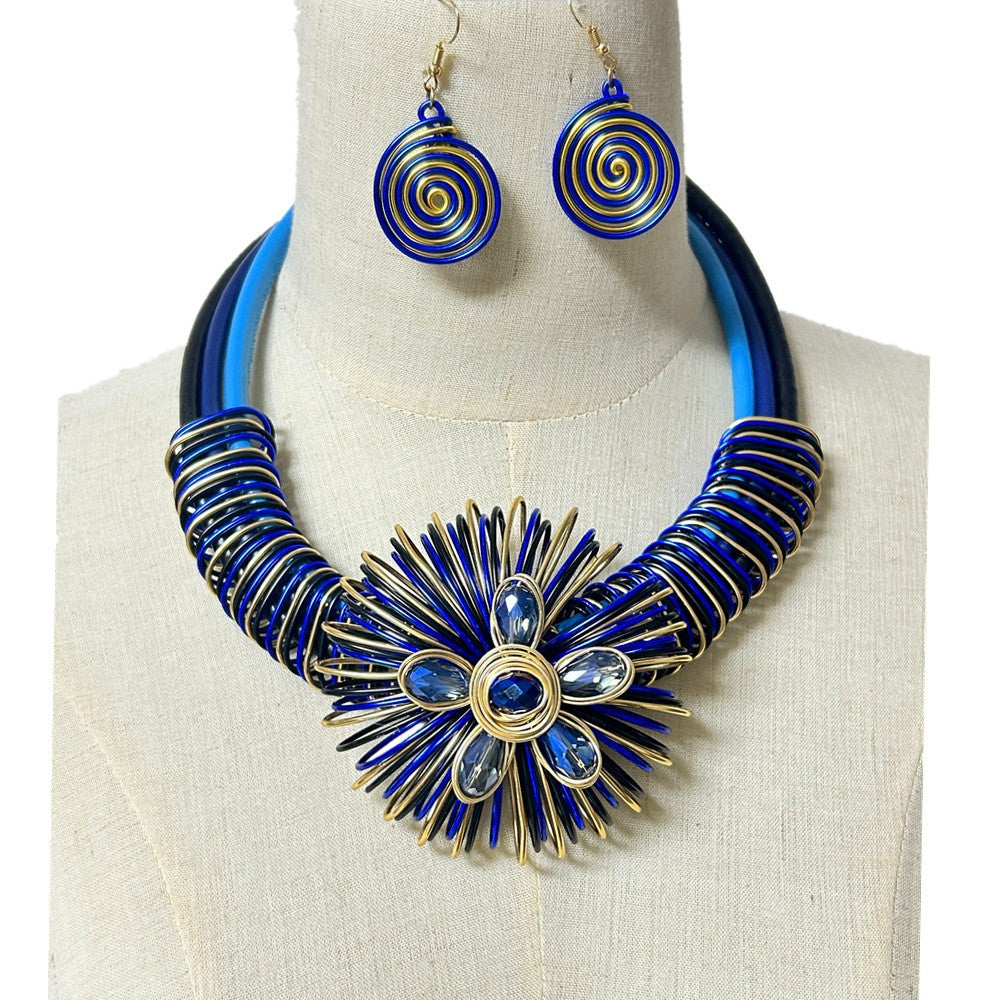 Boho Blue Wire Flower Necklace & Earring Set
