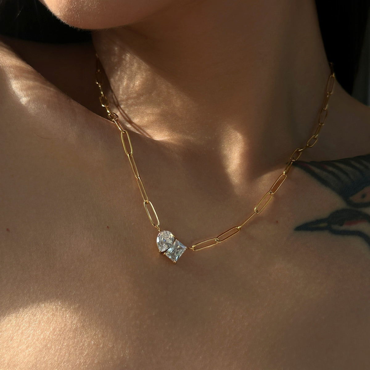 Dainty Geometric Pear & Square Paperclip Necklace