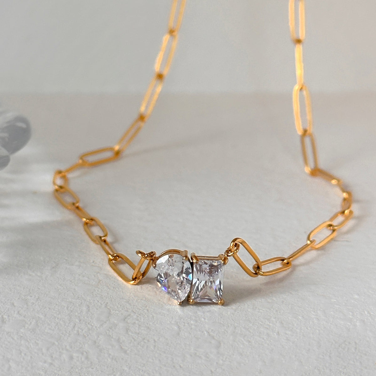 Dainty Geometric Pear & Square Paperclip Necklace