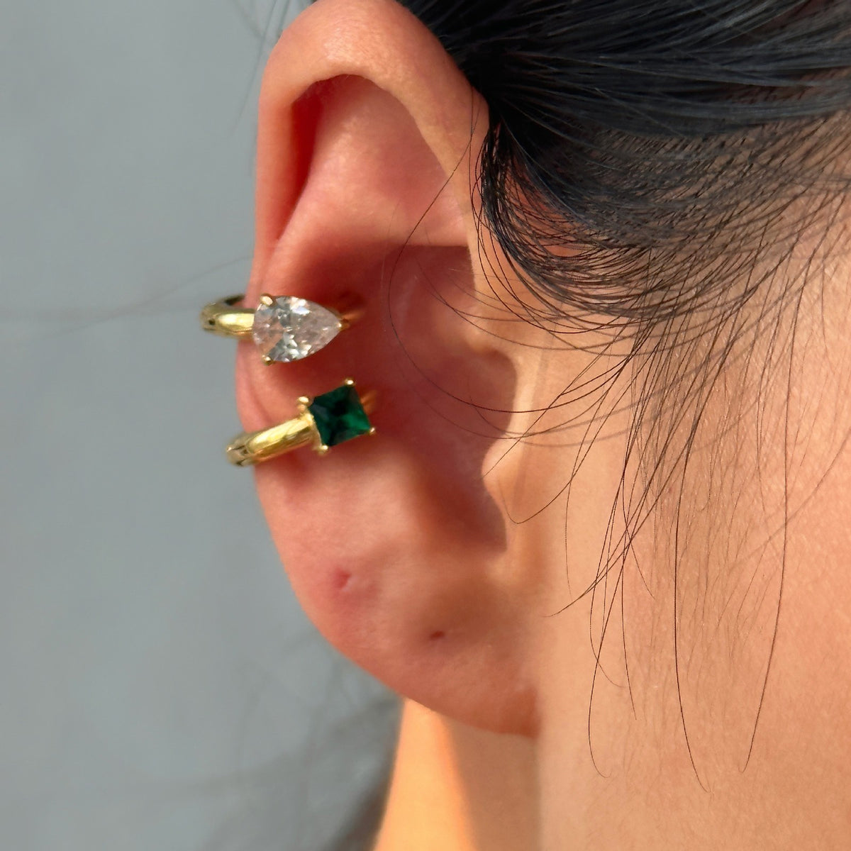 18k Dainty Pear & Square Gem Ear Cuff