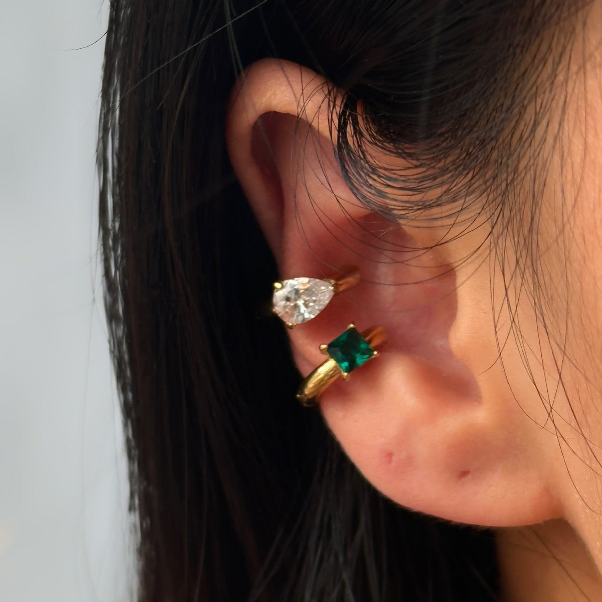 18k Dainty Pear & Square Gem Ear Cuff