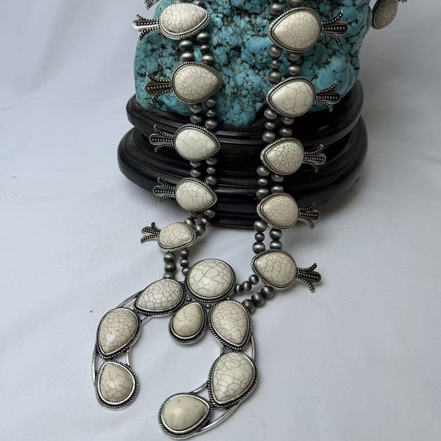 Boho Faux Turquoise Squash Blossom Necklace & Earring Set