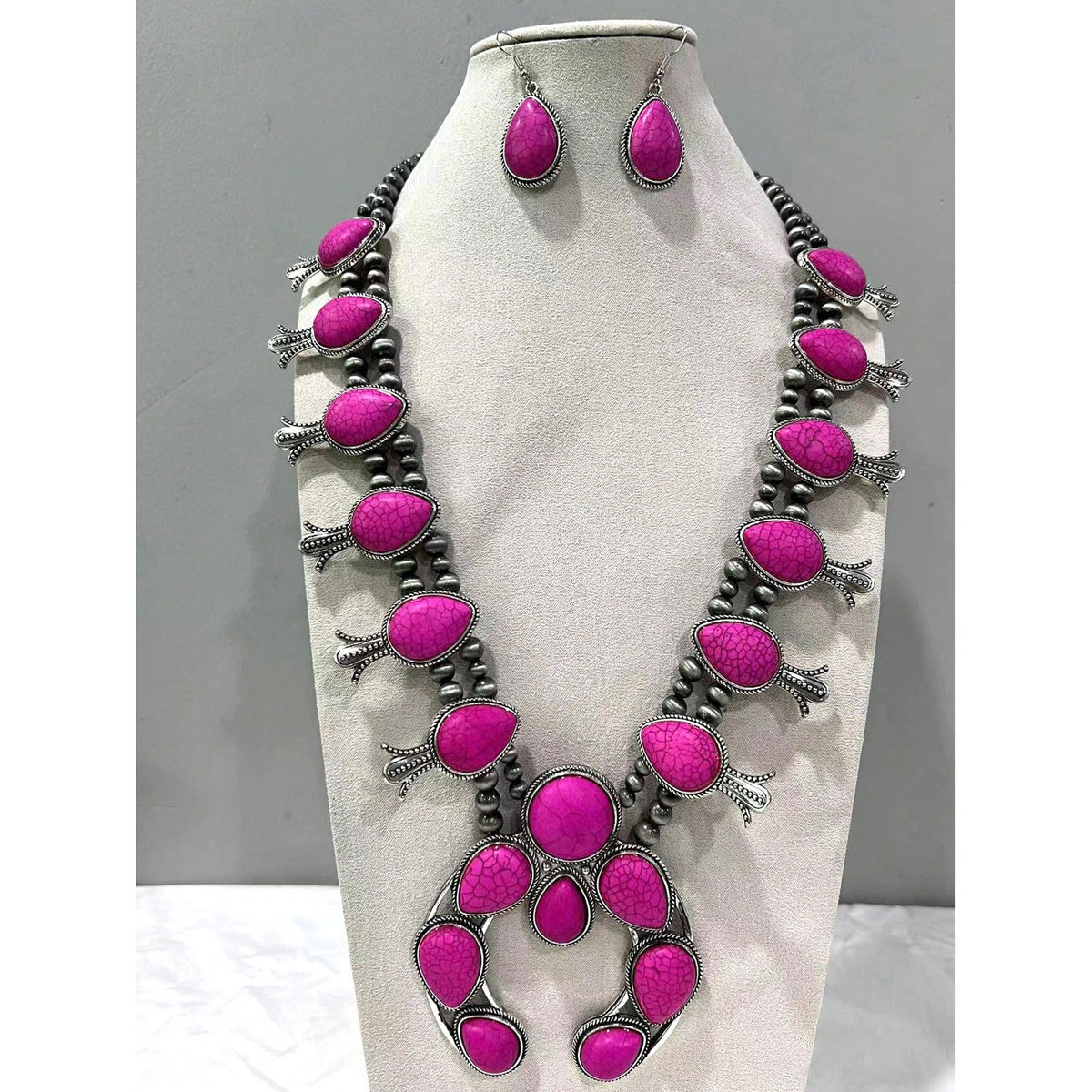 Boho Faux Turquoise Squash Blossom Necklace & Earring Set