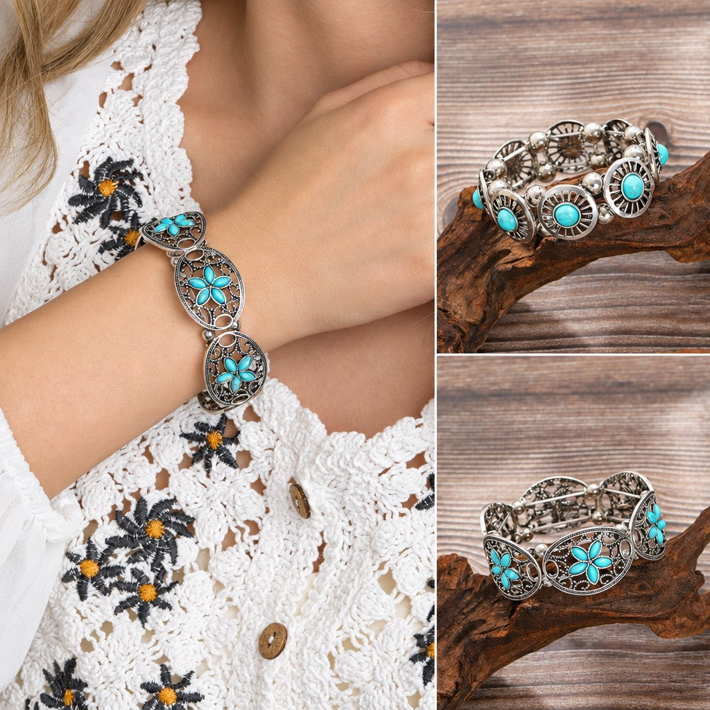 Vintage Boho Turquoise Filigree Stretch Bracelet