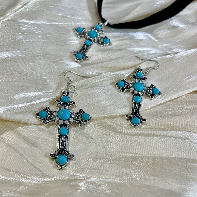Boho Vintage Turquoise Cross Necklace & Earring Set