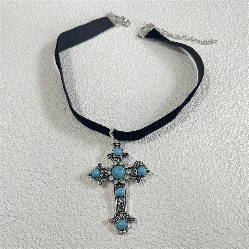 Boho Vintage Turquoise Cross Necklace & Earring Set