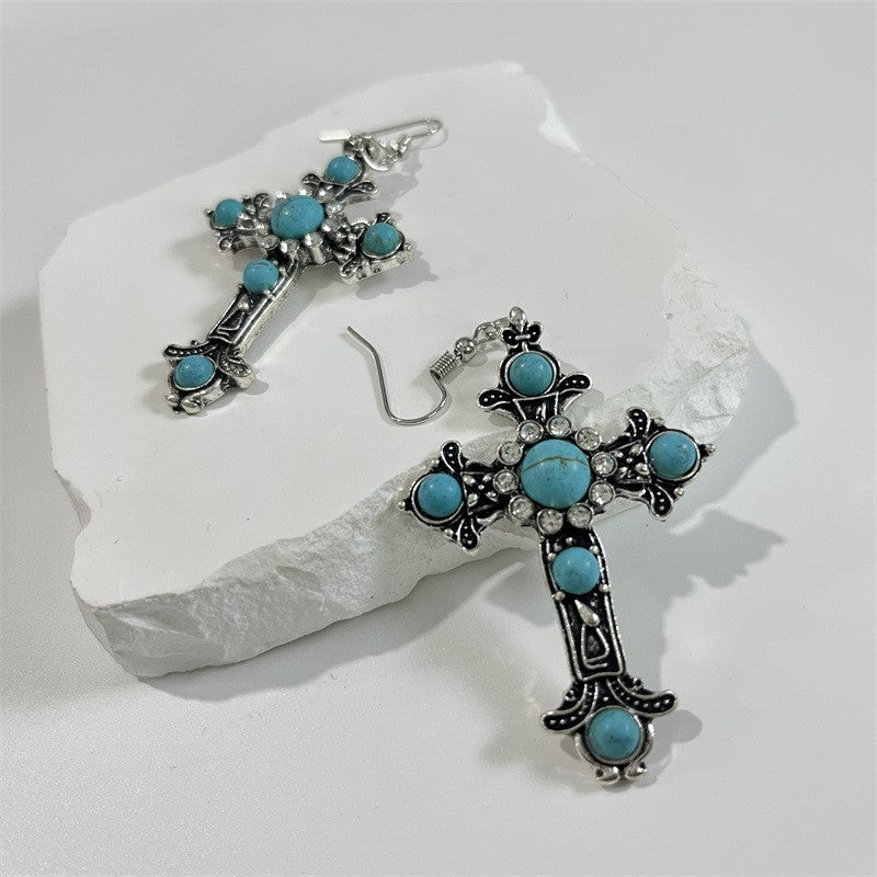 Boho Vintage Turquoise Cross Necklace & Earring Set