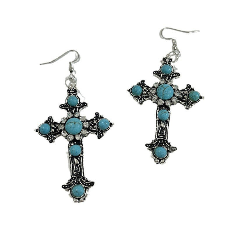 Boho Vintage Turquoise Cross Necklace & Earring Set