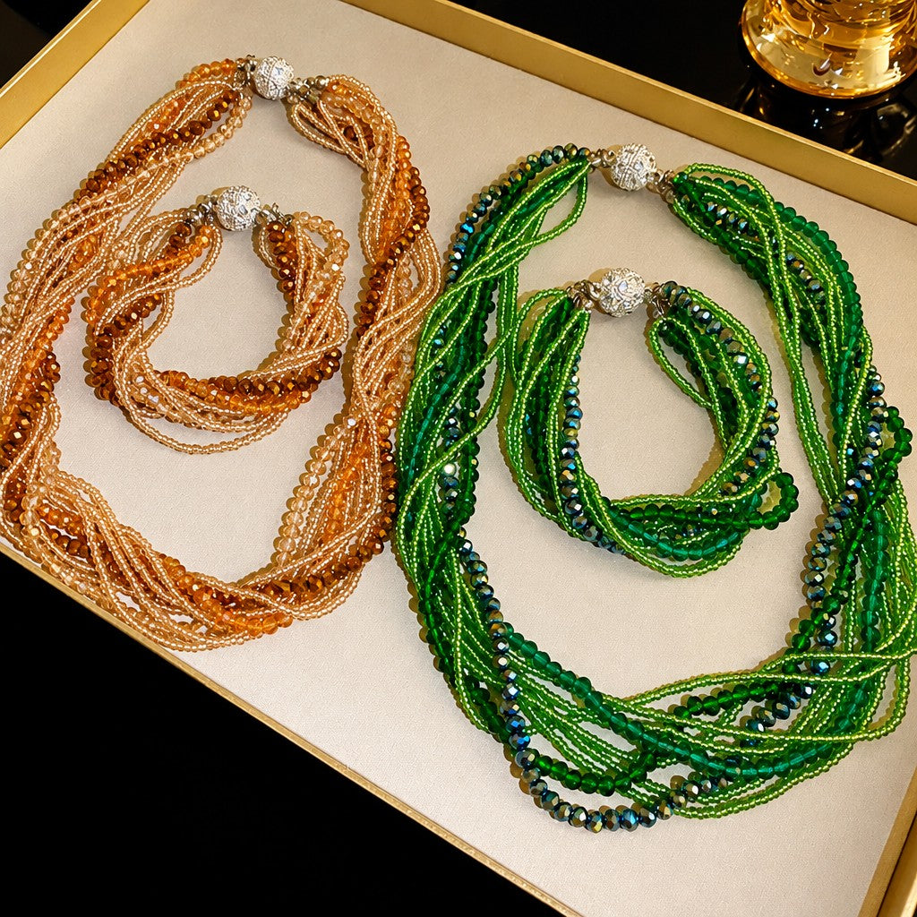 Boho Multi-Strand Twisted Crystal Necklace & Earring Set