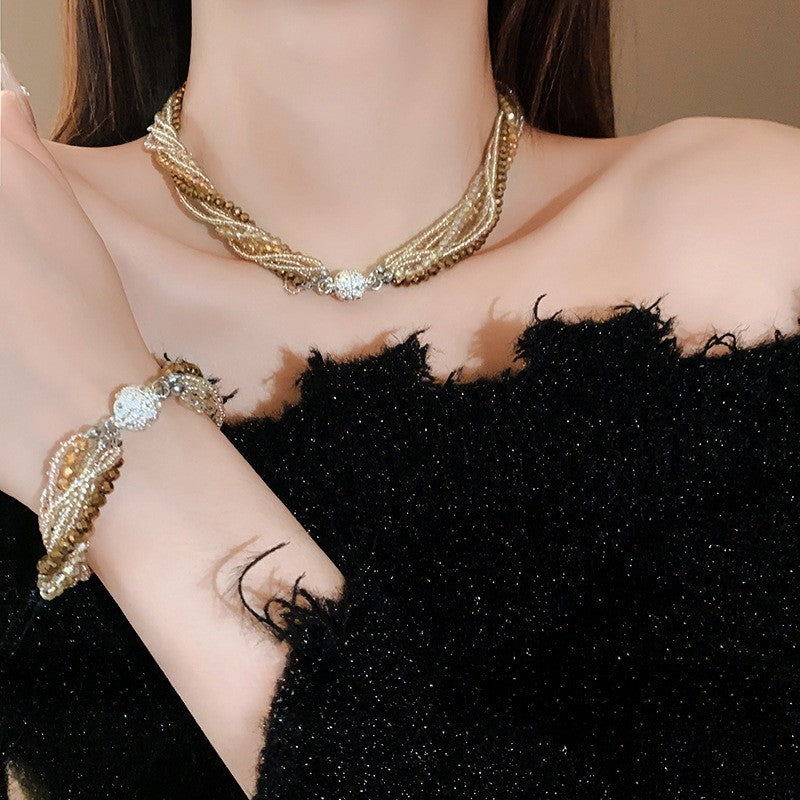 Boho Multi-Strand Twisted Crystal Necklace & Earring Set