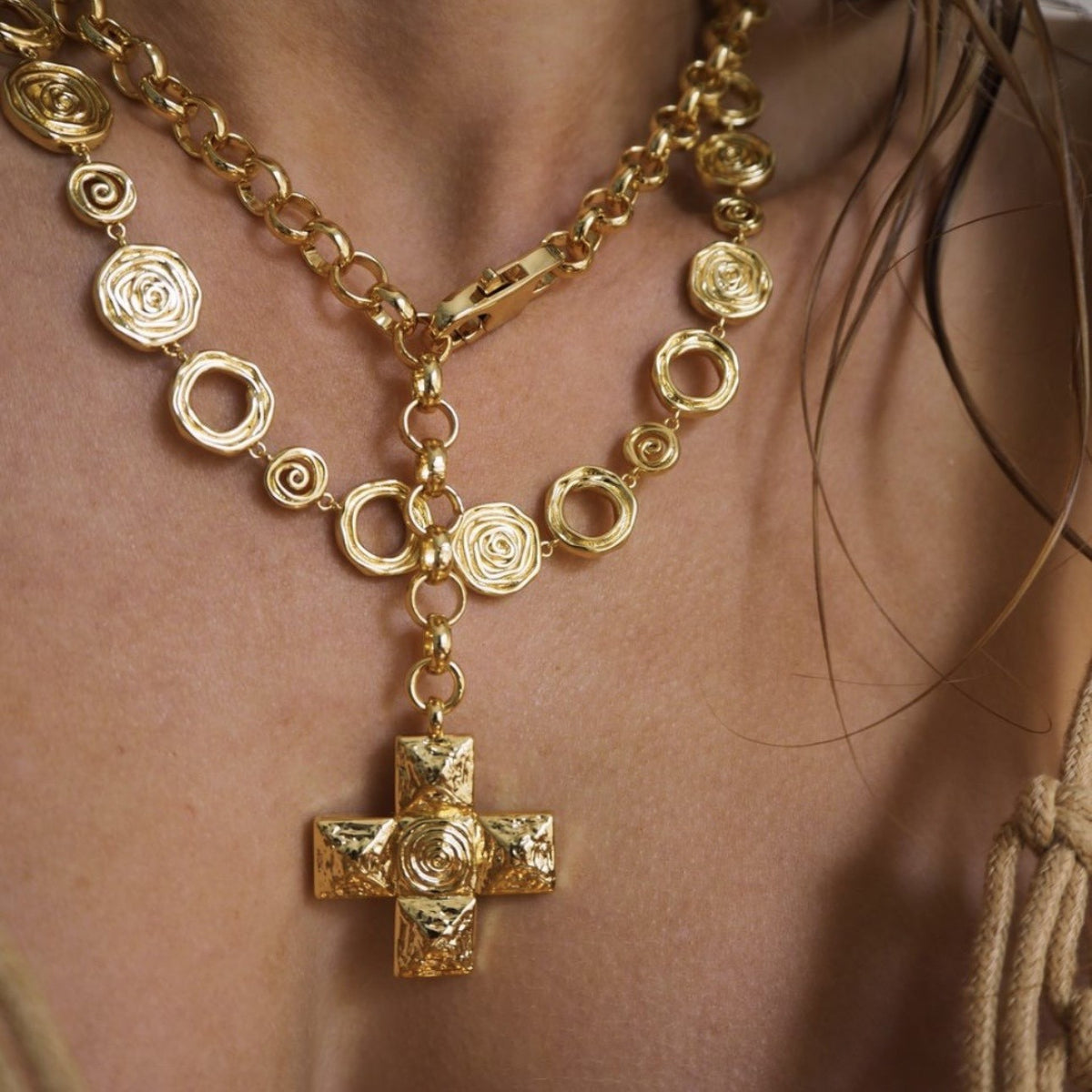 Vintage Textured Rose & Cross Necklace