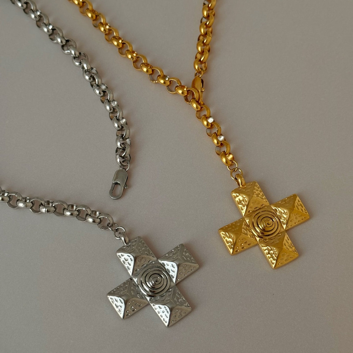 Vintage Textured Rose & Cross Necklace