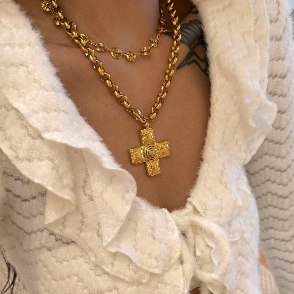 Vintage Textured Rose & Cross Necklace