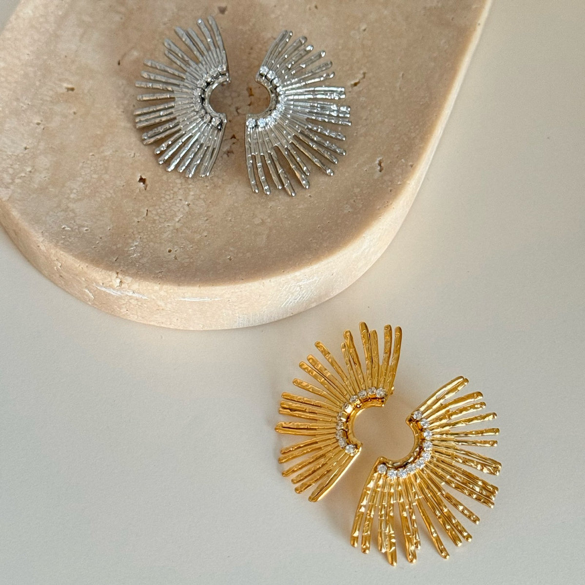 18k Boho Textured Sunburst Hoop Earrings