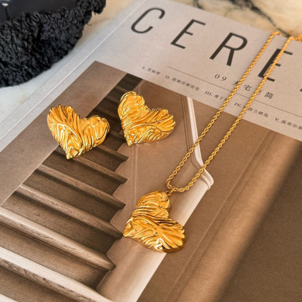 Vintage Textured Heart Necklace and Earring Set