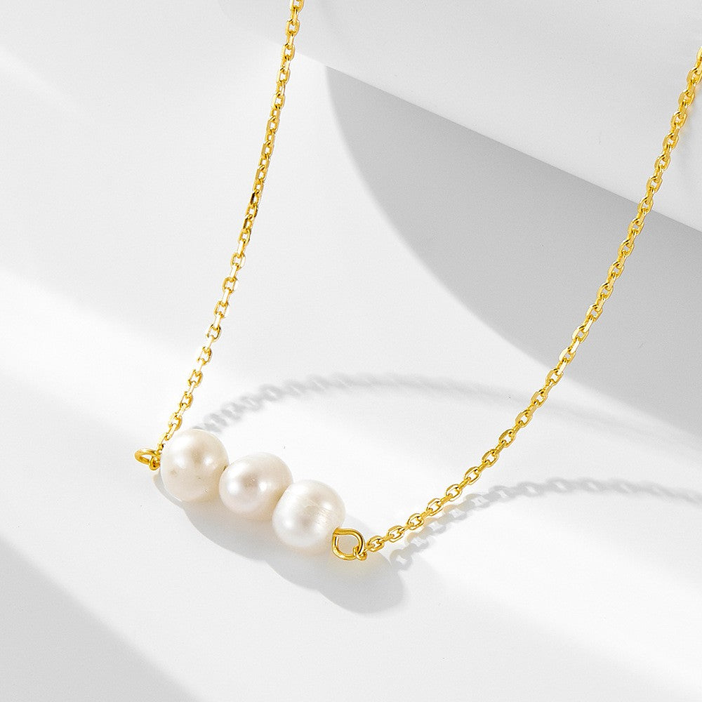 S925 Dainty Triple Pearl Bar Necklace