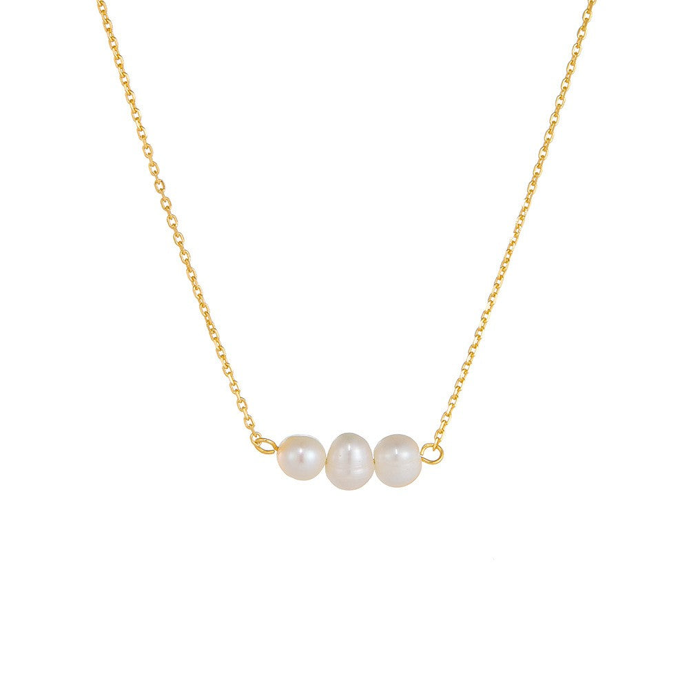 S925 Dainty Triple Pearl Bar Necklace