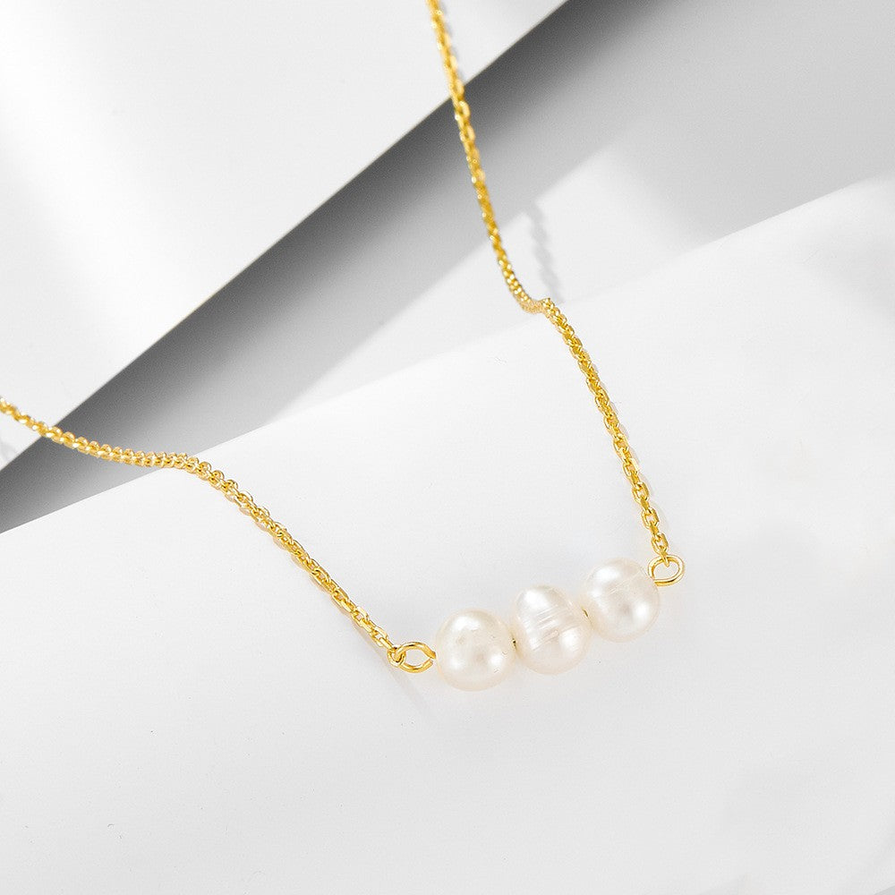 S925 Dainty Triple Pearl Bar Necklace