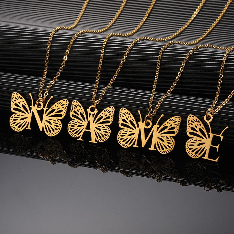 Dainty Hollow Butterfly Initial Necklace