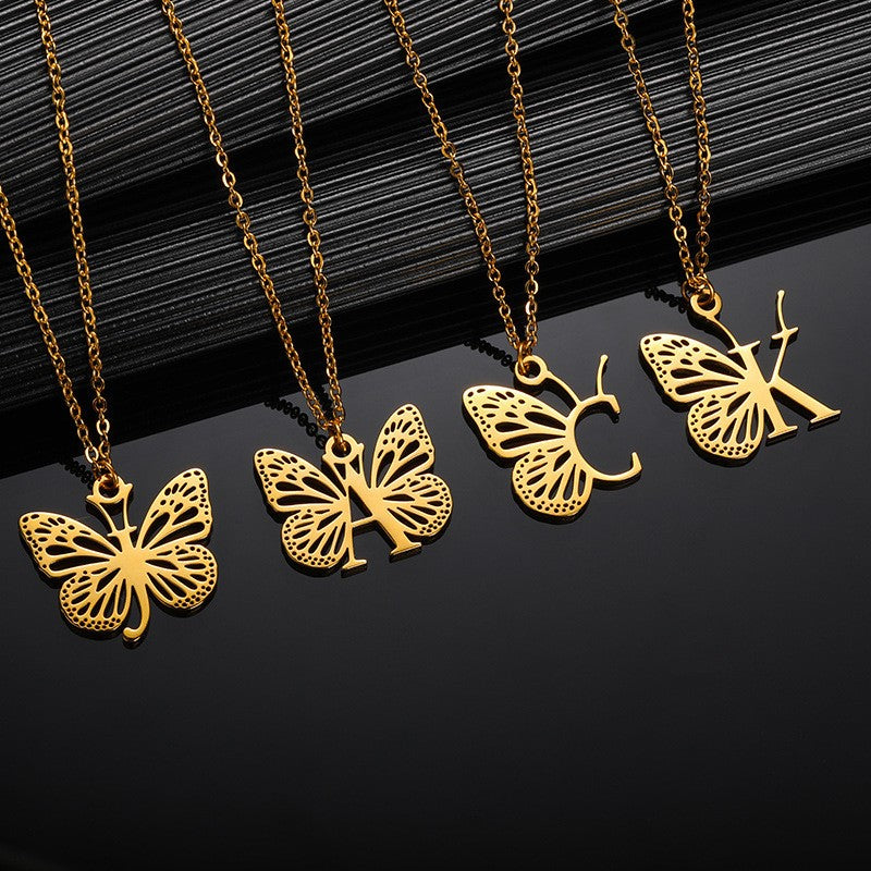 Dainty Hollow Butterfly Initial Necklace