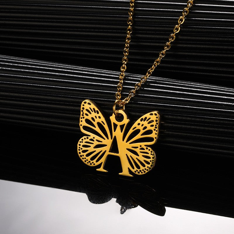 Dainty Hollow Butterfly Initial Necklace