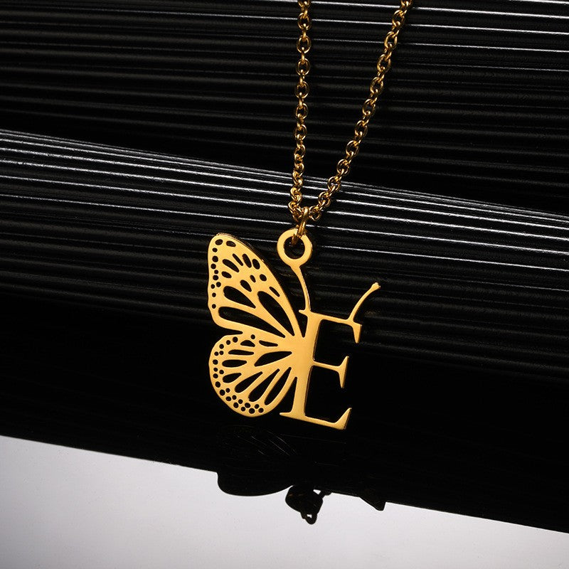 Dainty Hollow Butterfly Initial Necklace
