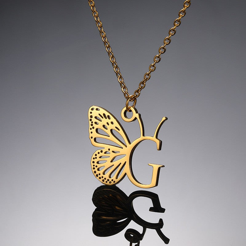 Dainty Hollow Butterfly Initial Necklace