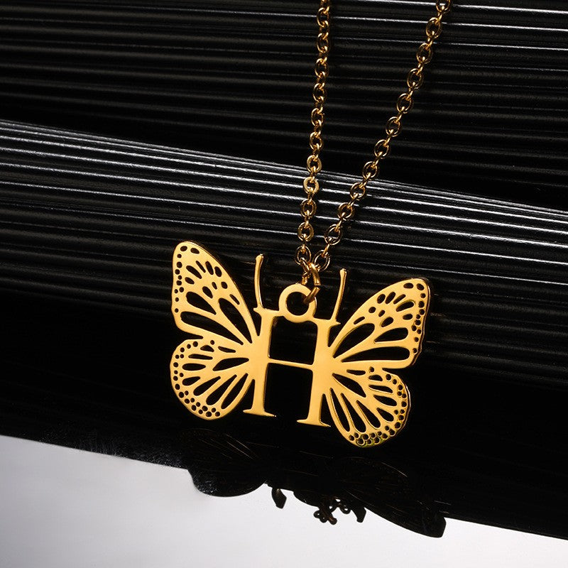 Dainty Hollow Butterfly Initial Necklace