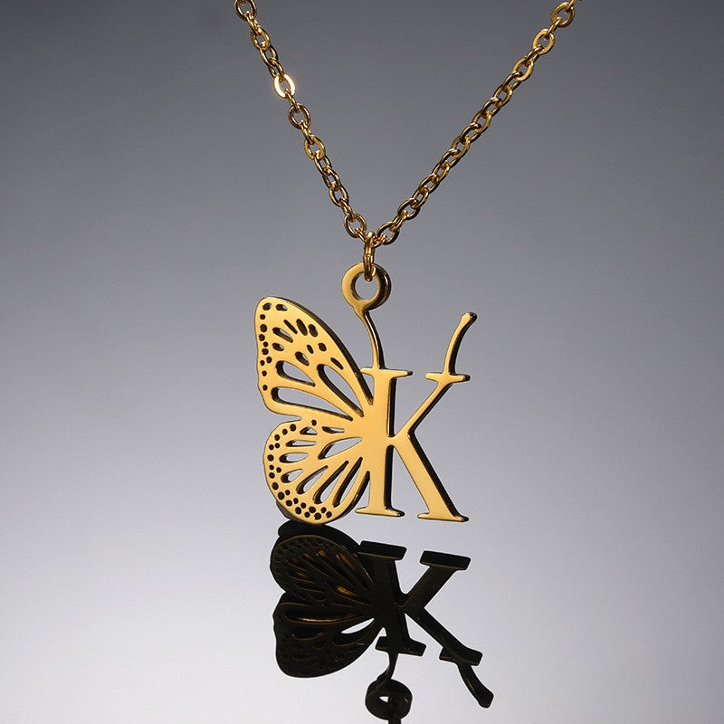 Dainty Hollow Butterfly Initial Necklace