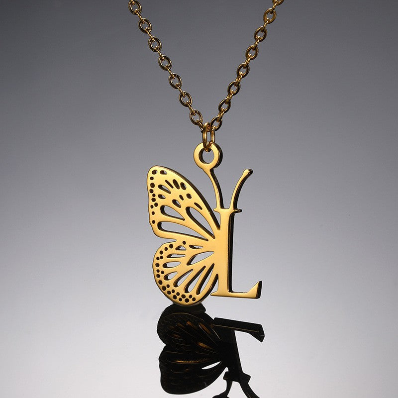 Dainty Hollow Butterfly Initial Necklace