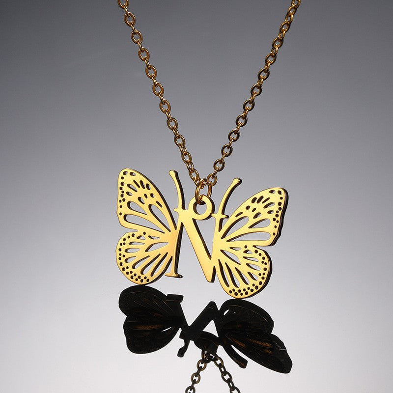 Dainty Hollow Butterfly Initial Necklace