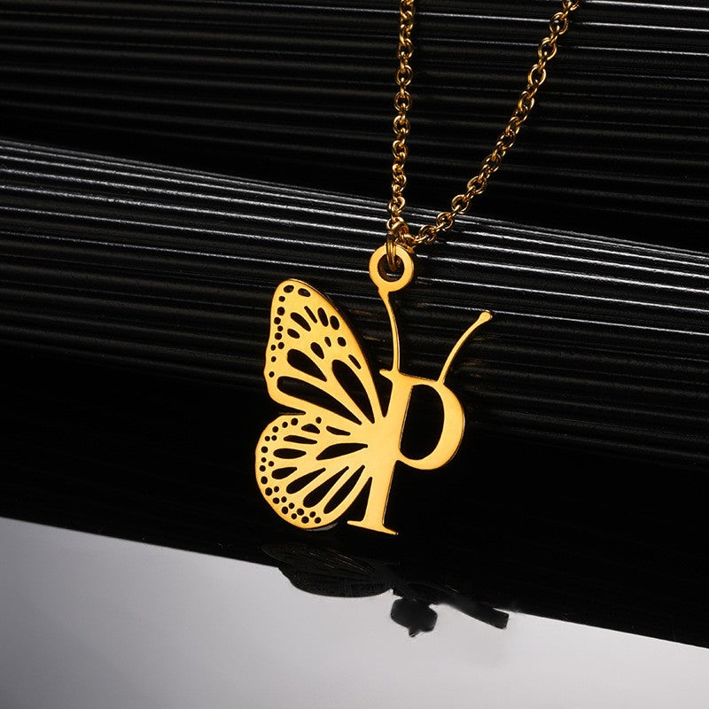 Dainty Hollow Butterfly Initial Necklace