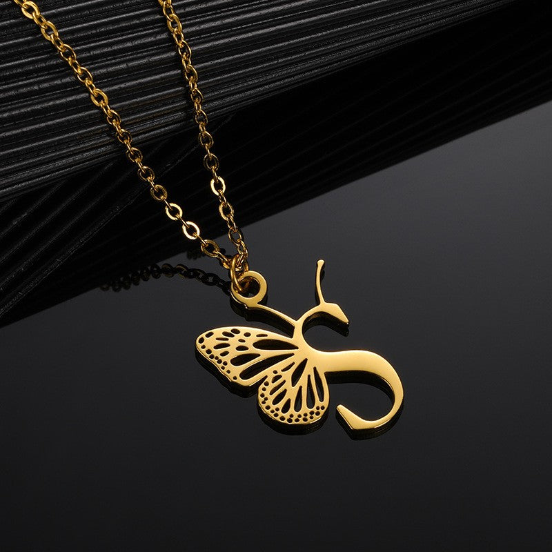 Dainty Hollow Butterfly Initial Necklace