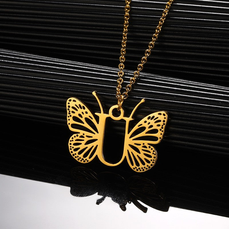 Dainty Hollow Butterfly Initial Necklace