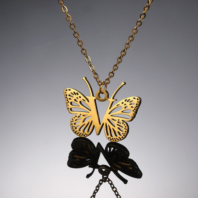 Dainty Hollow Butterfly Initial Necklace