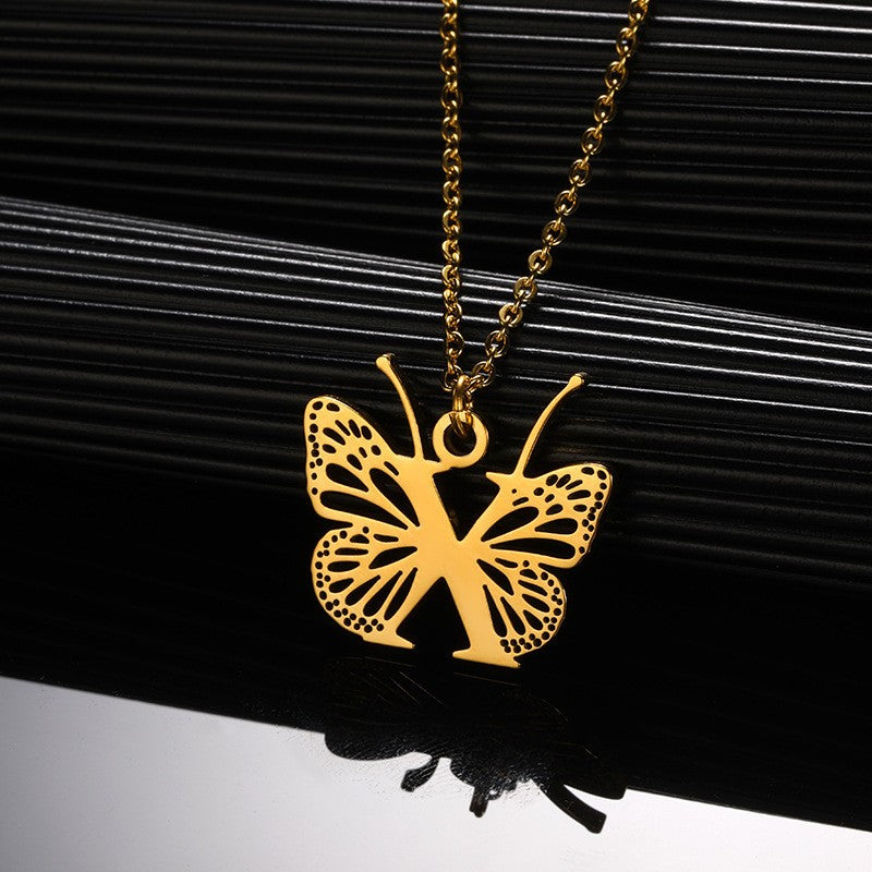 Dainty Hollow Butterfly Initial Necklace