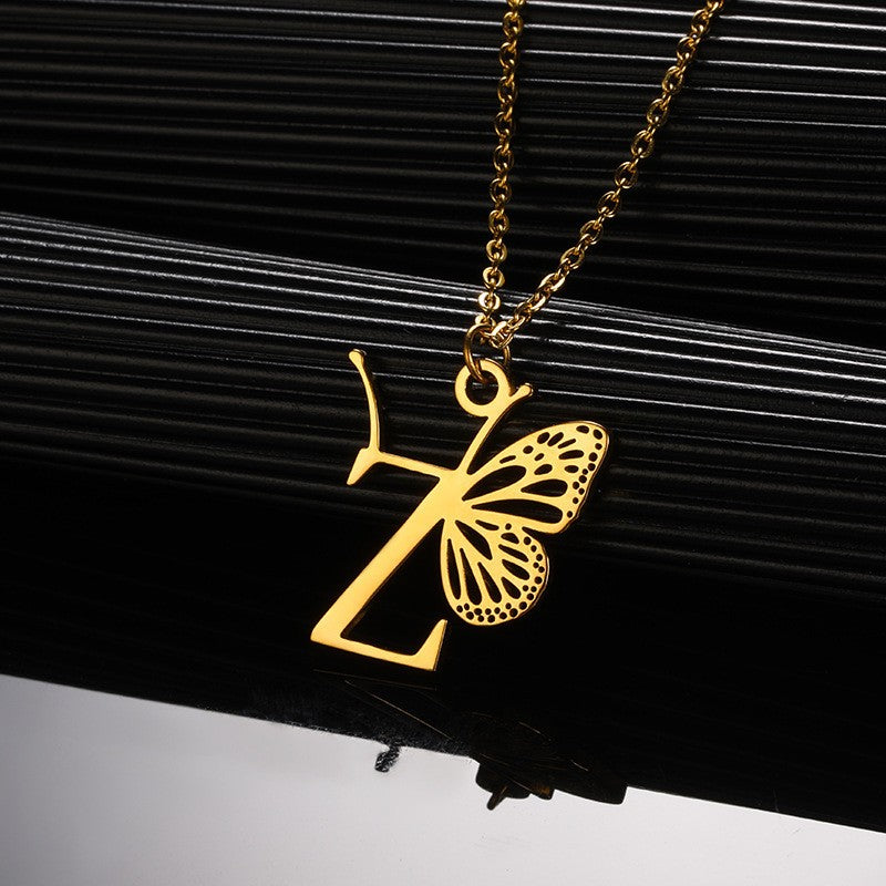 Dainty Hollow Butterfly Initial Necklace