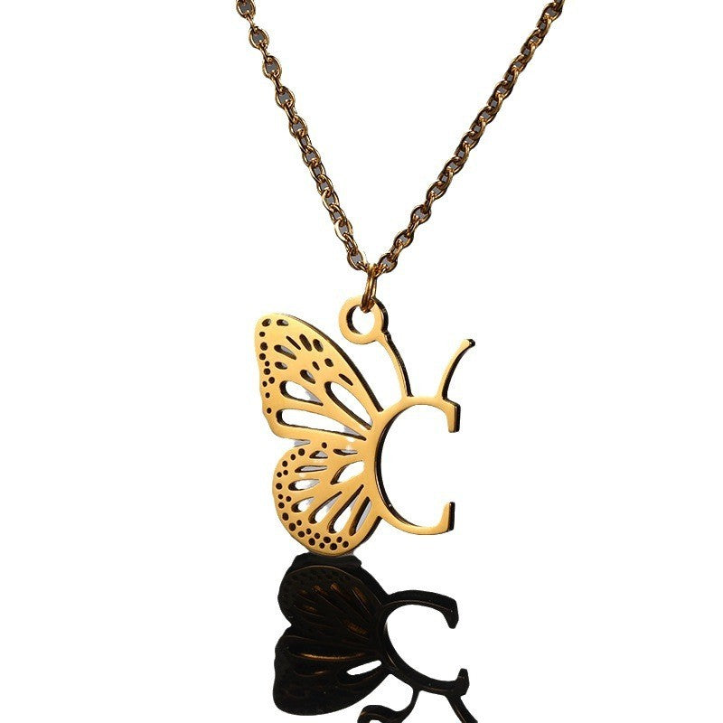 Dainty Hollow Butterfly Initial Necklace
