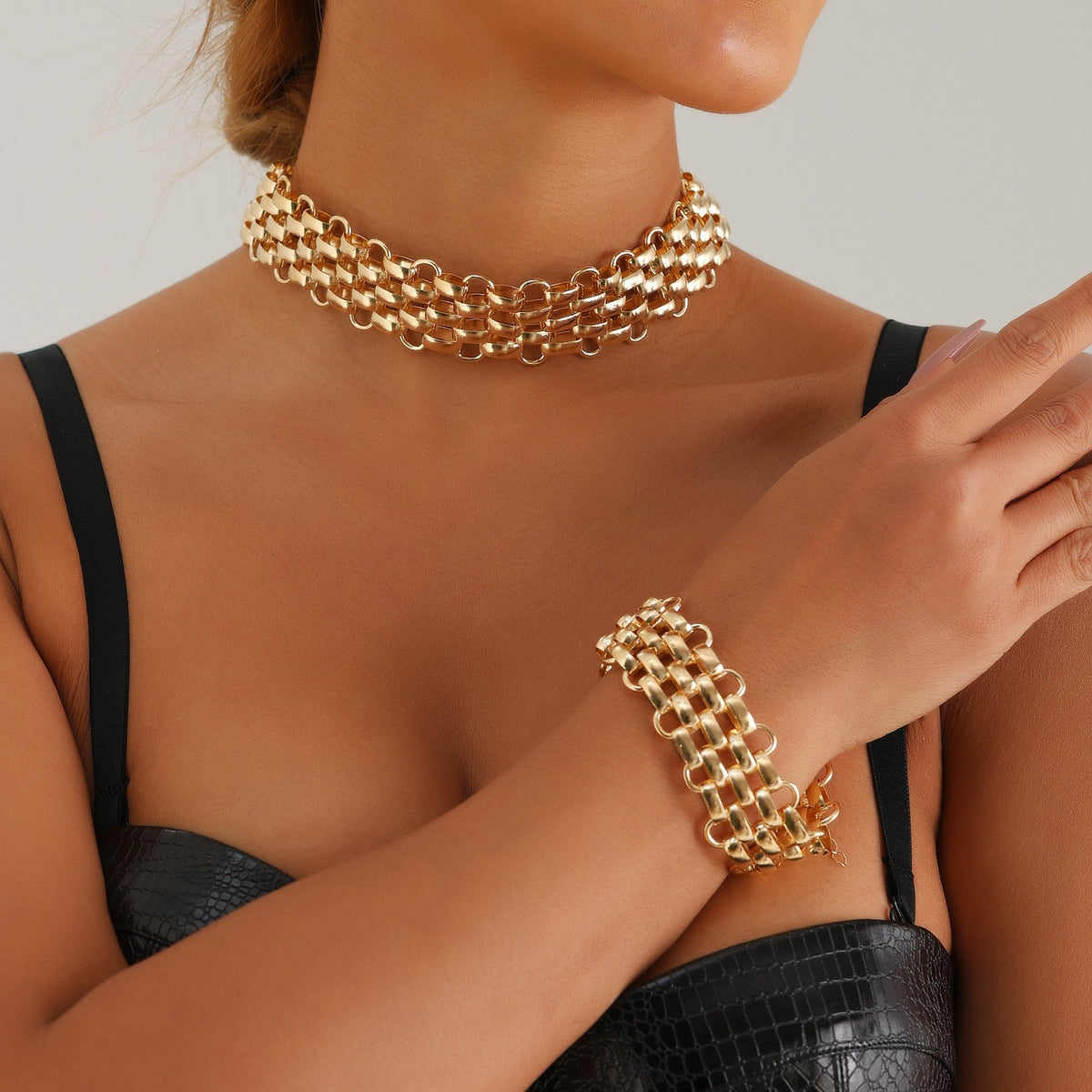 Classy Woven Link Choker Necklace and Bracelet Set
