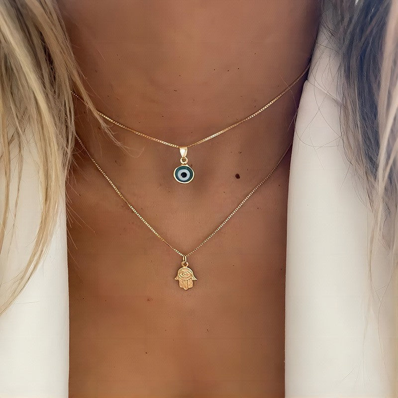 2pc Dainty Evil Eye & Hamsa Necklace Set