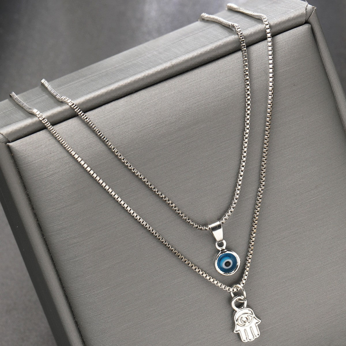 2pc Dainty Evil Eye & Hamsa Necklace Set