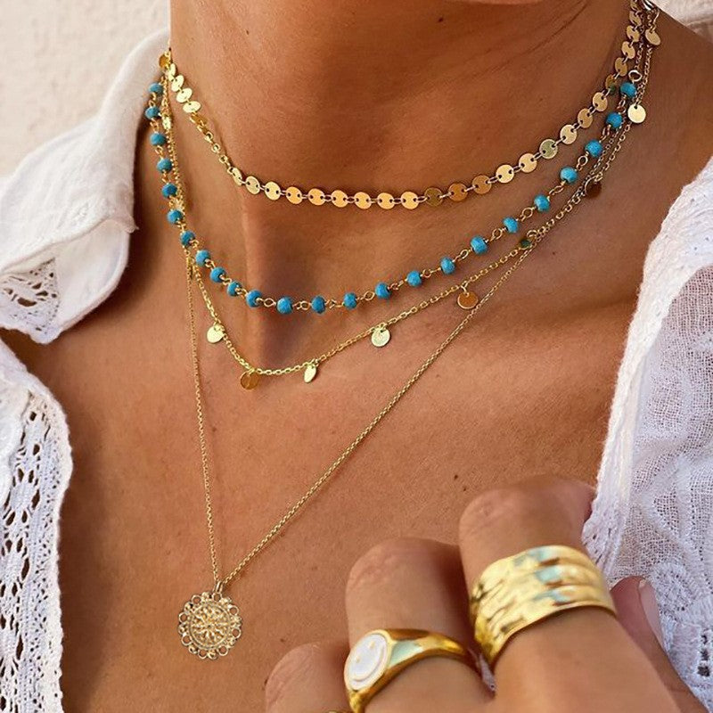 Boho Layered Turquoise Bead & Disc Necklace