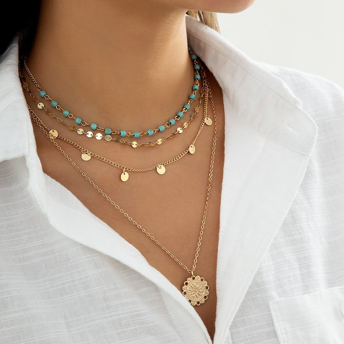 Boho Layered Turquoise Bead & Disc Necklace