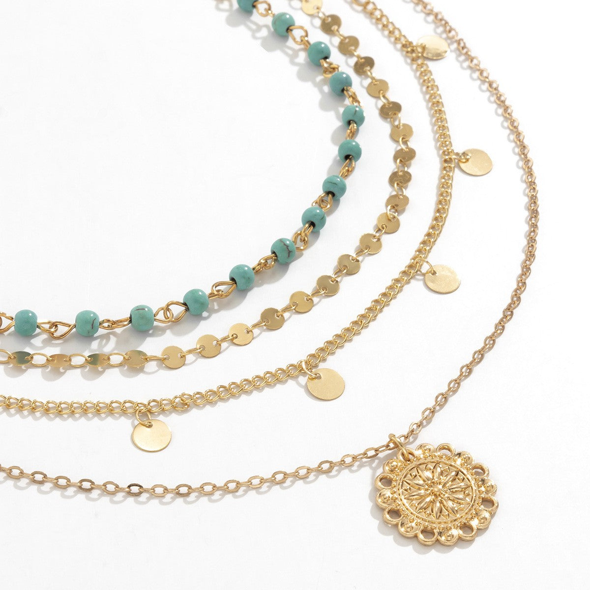 Boho Layered Turquoise Bead & Disc Necklace