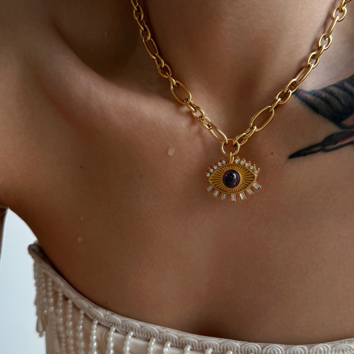 18k Vintage Sunburst Evil Eye Necklace