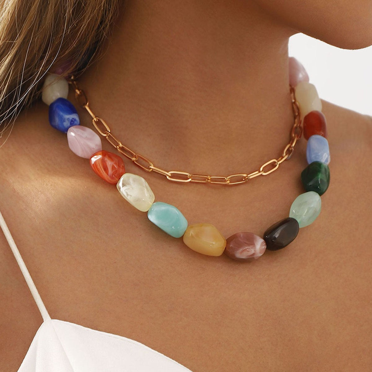 Boho Layered Resin Pebble Necklace