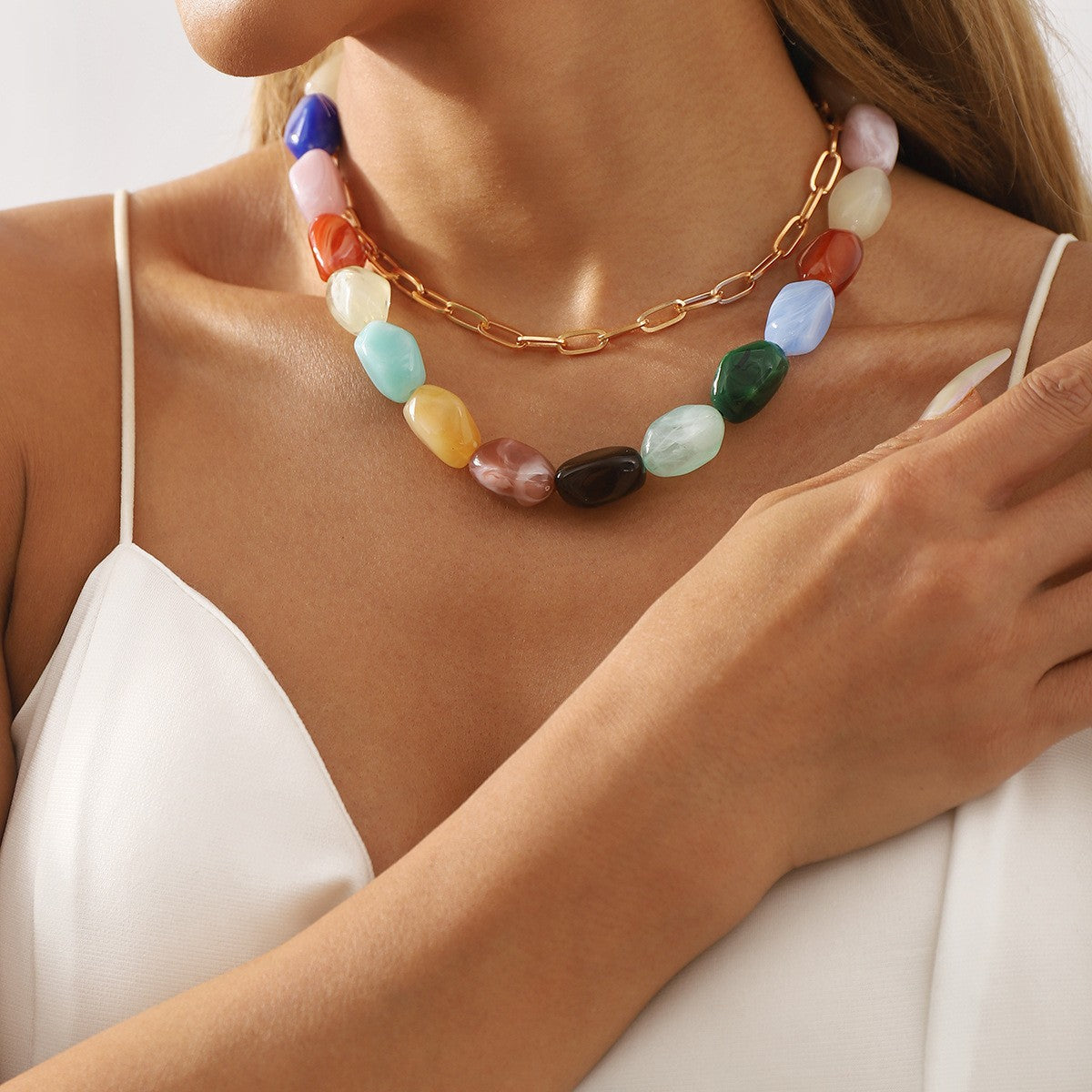 Boho Layered Resin Pebble Necklace