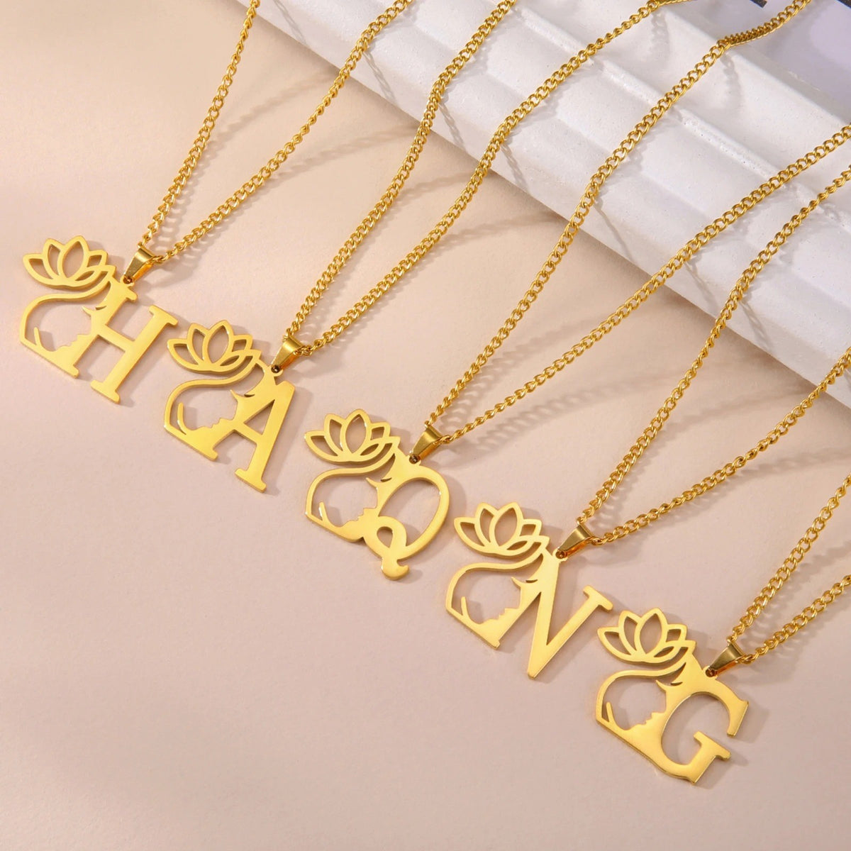 Dainty Lotus Initial Letter Necklace