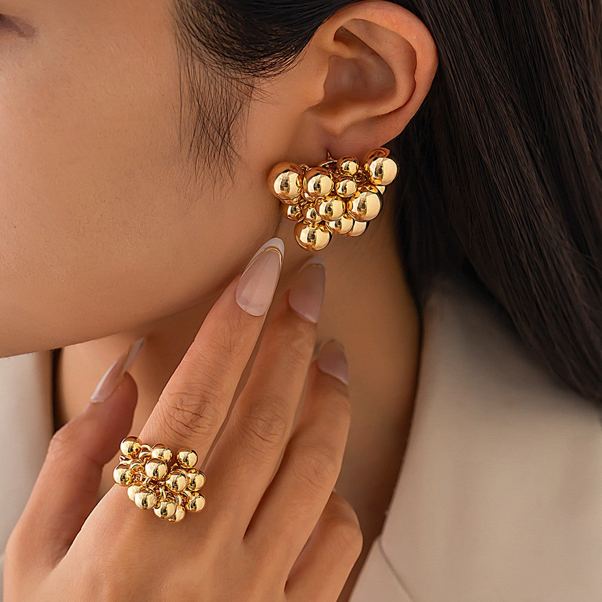 Classy Geometric Ball Cluster Earring and Ring Set