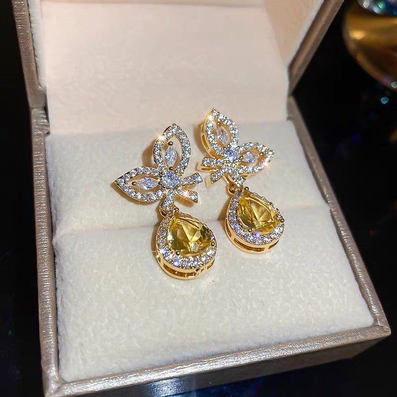 Classy Yellow Pear Cut Butterfly Drop Earrings